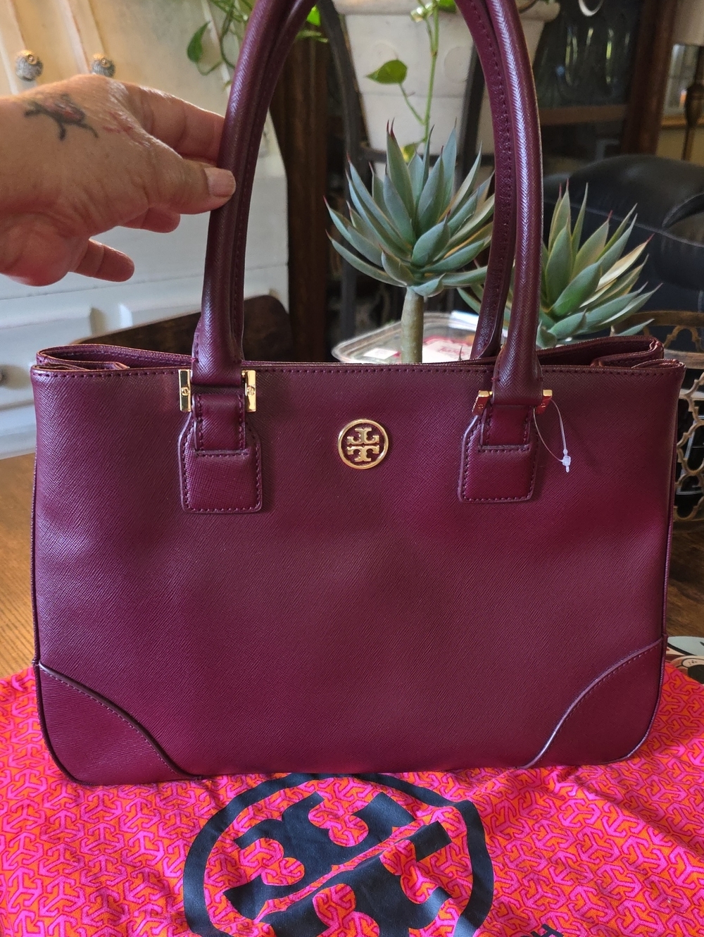 Tory Burch Plum Leather Double-Handle Tote with Gold Logo